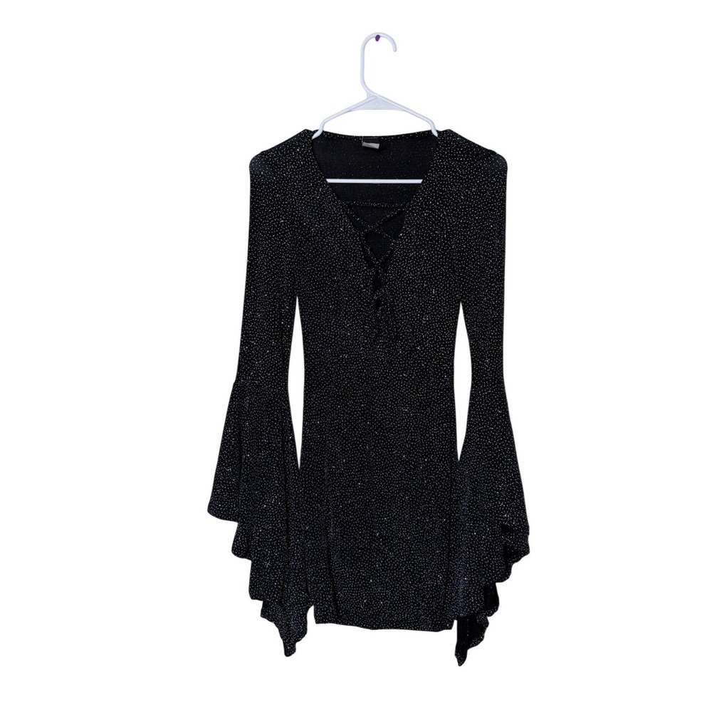 Privy Womens Black Silver Glitter Lace Up Bell Sleeve Mini Dress Witchy Small